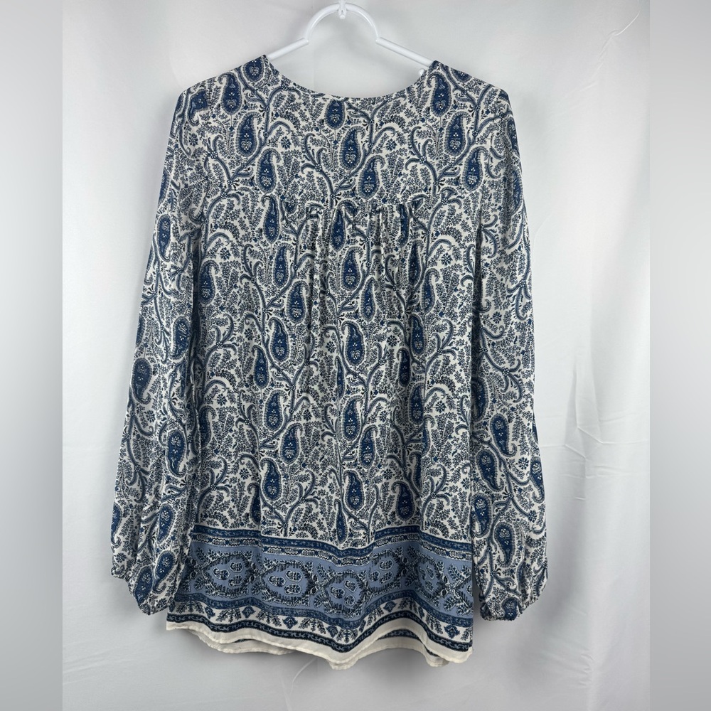 NWT Max Studio L/S Boho Peasant Blouse Shirt Size M Blue Paisley Floral Rayon - Picture 2 of 10